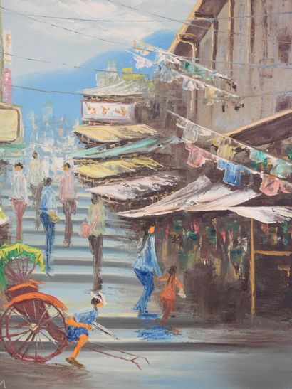 L. LAM (XX-XXIe) : Rue vietnamienne. Huile...