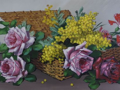 A. VIDAL (XXe) : Roses et mimosa. Huile sur...