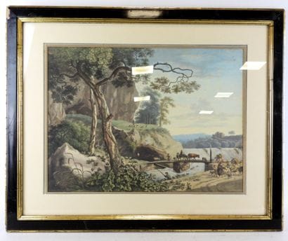 Ecole du XIXème siècle : Paysage animé de...