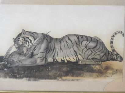20th century FRENCH school. Tiger devouring...