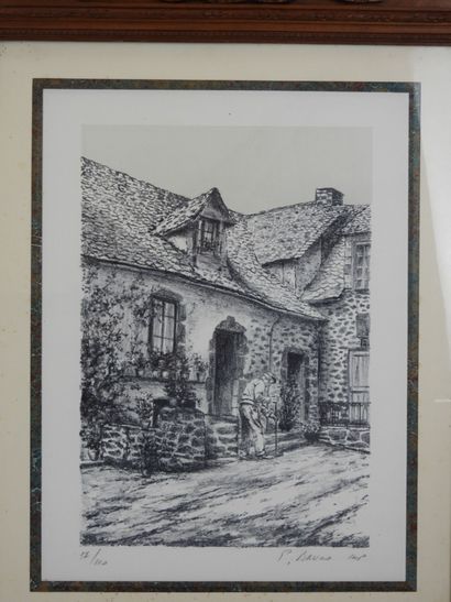 Pierre BRUNO (XXe) : Vue de village. Lithographie....