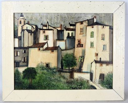 Guy NOCHET (XXe) : Vue des habitations. Huile...