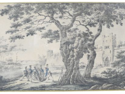 MILITARIA. Military scene in front of a fortified...