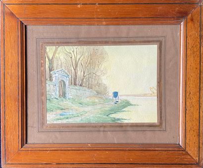 Aquarelle représentant une calèche au bord...