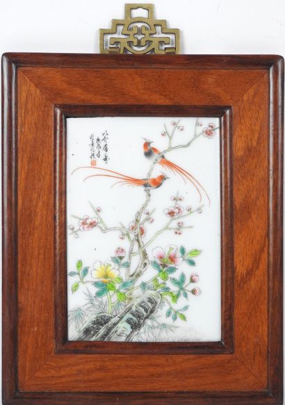 CHINE XXe. Oiseaux branchés. Peinture sur...