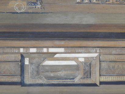 View of a castle. Straw marquetry pasted...