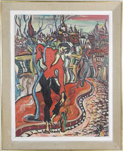 Claude MOYA (20th). Drunkenness. Oil on isorel...
