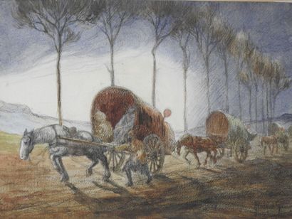 Ecole du XXème siècle : Les calèches. Pastel...