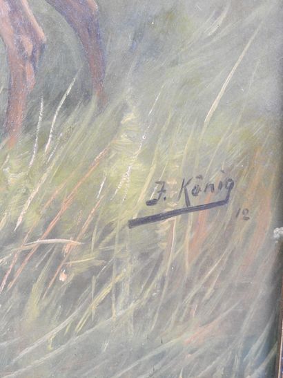 J. KONIG (20th). Deer. Oil on canvas. Signed...