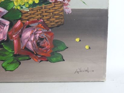 A. VIDAL (XXe) : Roses et mimosa. Huile sur...