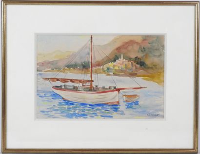 A. JOURCIN (20th): View of sailboat. Watercolor....