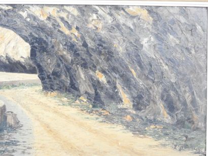 Ecole du XXème siècle : Vue du chemin. Huile...