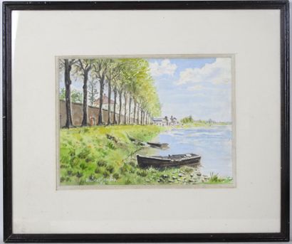 Hubert GAUDIN. Boats on a lake. Watercolor....