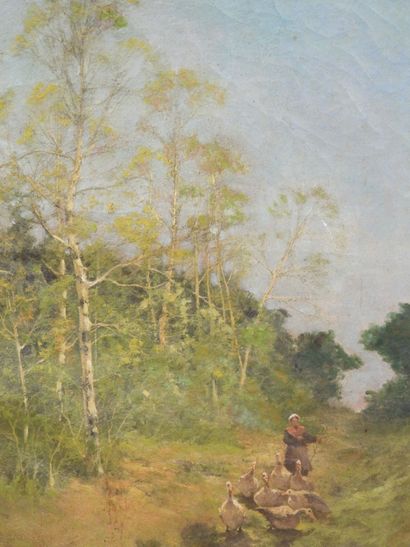 Y. LEBON (XIX-XXe) : Bergère et ses oies....