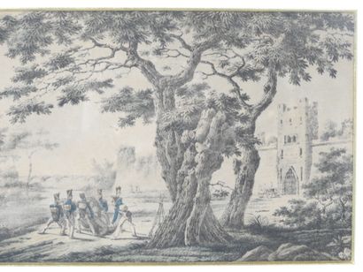 MILITARIA. Military scene in front of a fortified...