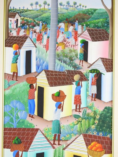 JNS DAVID (XXe) : Village Antillais. Huile...