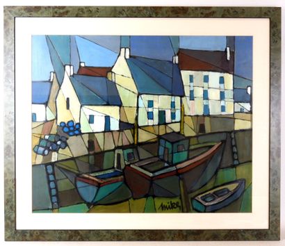 MIKE (XXe) : Vue des bateaux ancrés. Huile....
