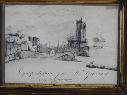 H. GOURNAY : Vue du port. Lavis d'encre....