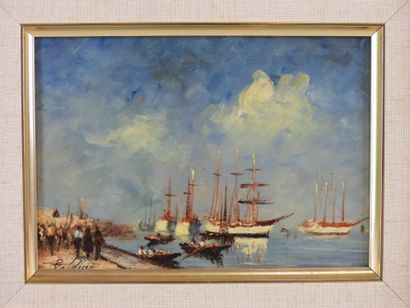 BOLDINI (XXe) : Vue du port animé. Huile...
