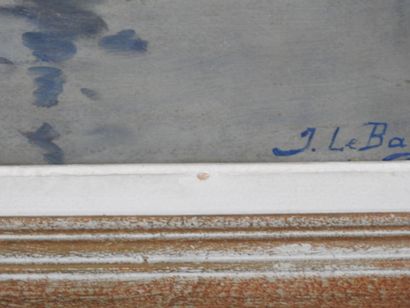 J. LE BAZ (XXth). Fishing. Oil on panel....