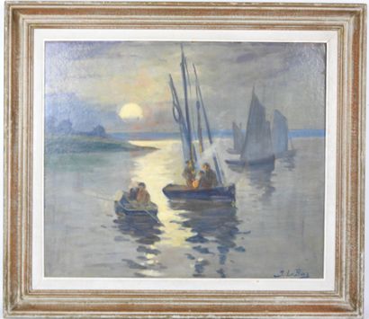 J. LE BAZ (XXth). Fishing. Oil on panel....