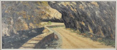 Ecole du XXème siècle : Vue du chemin. Huile...