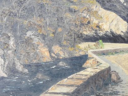 Ecole du XXème siècle : Vue du chemin. Huile...