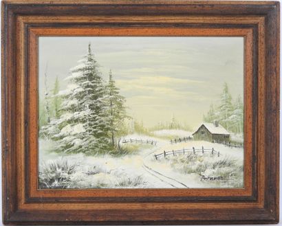 BRENNER (20th): Snowy landscape. Oil on canvas....