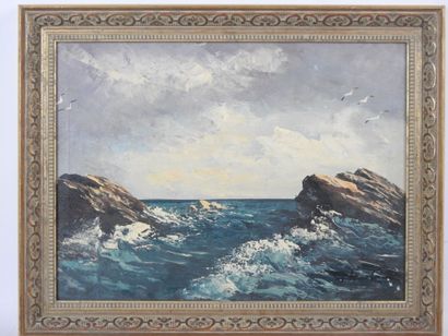 20th century FRENCH school. Rough sea. Oil...