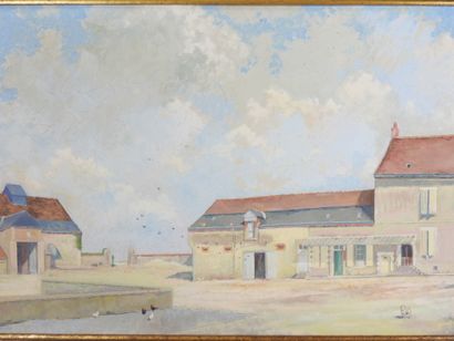 M. BERTRAND (XXe) : La ferme. Huile sur panneau....