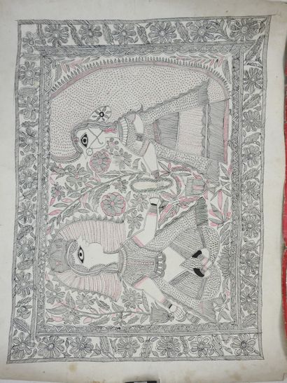 INDE. Divinités. Deux dessins à l'encre et...