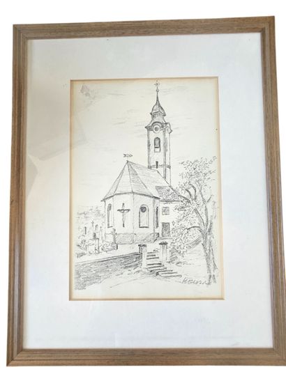Lot of 2 works on paper including: 
L'église.
Charcoal...