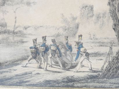 MILITARIA. Military scene in front of a fortified...
