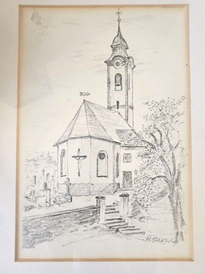 Lot of 2 works on paper including: 
L'église.
Charcoal...