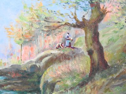 École du XXème siècle. Lavandières. Huile...