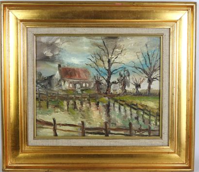 DELARUE (XXth): View of the house. Oil on...