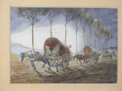 Ecole du XXème siècle : Les calèches. Pastel...