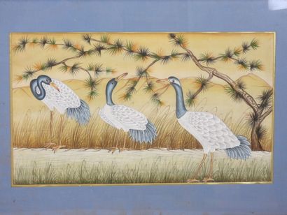 ASIE : Grues. Gouache sur soie. 67 x 98 ...