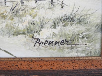 BRENNER (20th): Snowy landscape. Oil on canvas....
