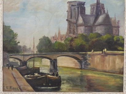 E. FLOUR (XIX-XXe) : Vue de Notre-Dame de...