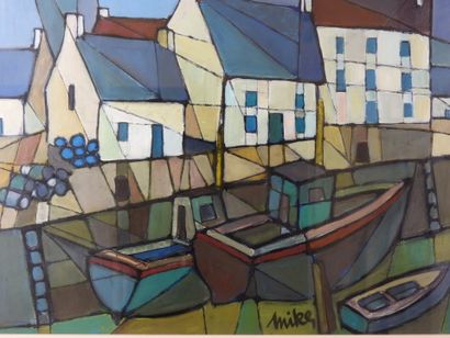 MIKE (XXe) : Vue des bateaux ancrés. Huile....