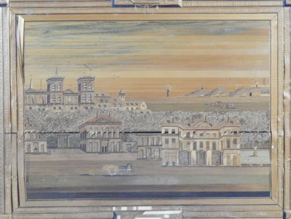 View of a castle. Straw marquetry pasted...
