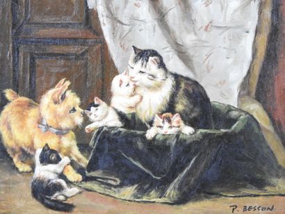 P. BESSON (XXth). Toileting kittens. Oil...