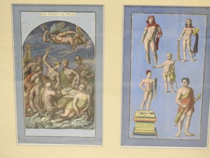 DEUX ENCADRES comprenant six gravures rehaussées...