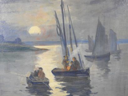 J. LE BAZ (XXth). Fishing. Oil on panel....