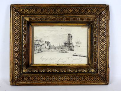H. GOURNAY : Vue du port. Lavis d'encre....