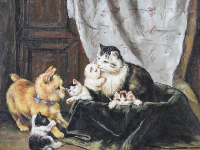 P. BESSON (XXth). Toileting kittens. Oil...