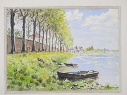 Hubert GAUDIN. Boats on a lake. Watercolor....