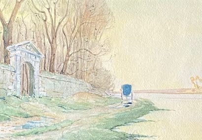 Aquarelle représentant une calèche au bord...