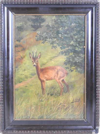 J. KONIG (20th). Deer. Oil on canvas. Signed...